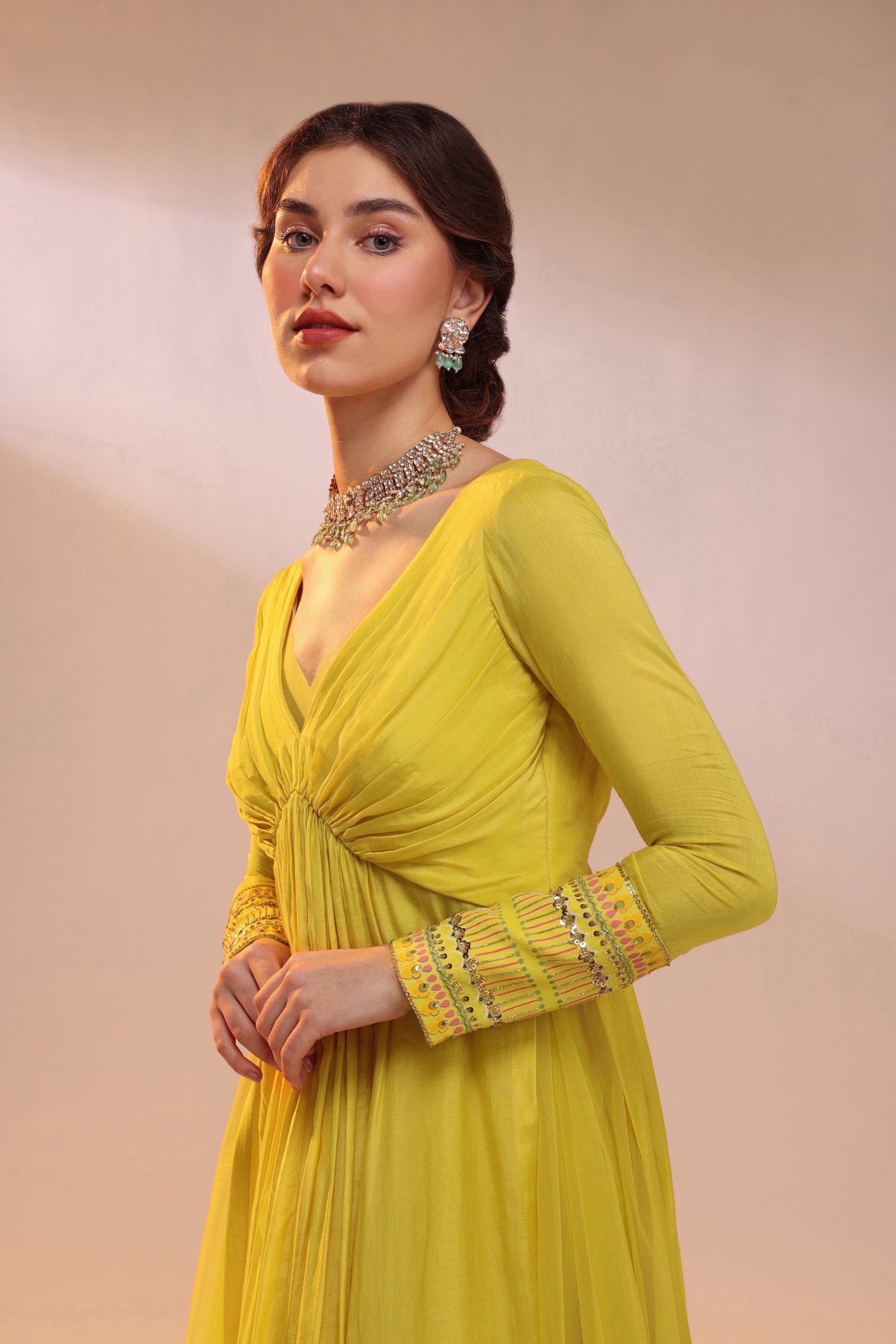 PLEATED V NECK GOWN