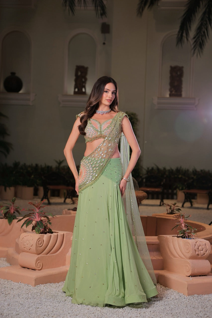 SAGE GREEN MOGRA SAREE SET