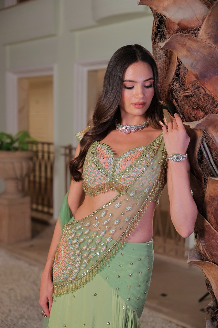 SAGE GREEN MOGRA SAREE SET