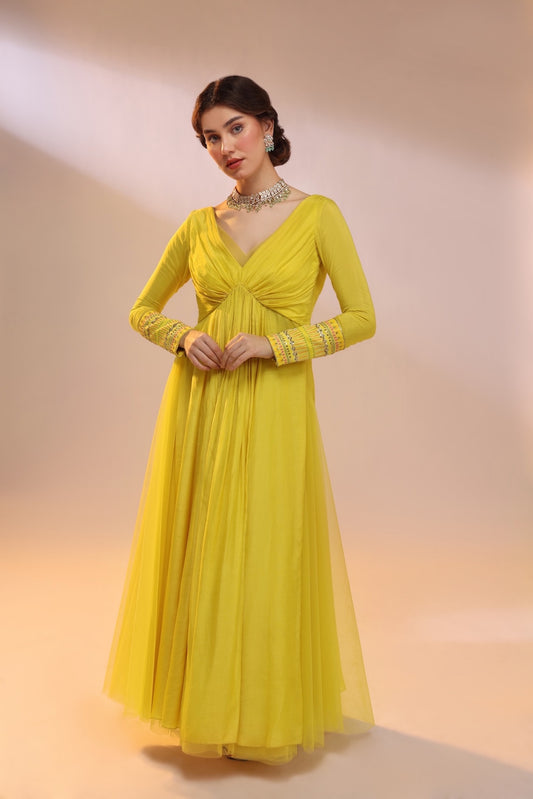 PLEATED V NECK GOWN
