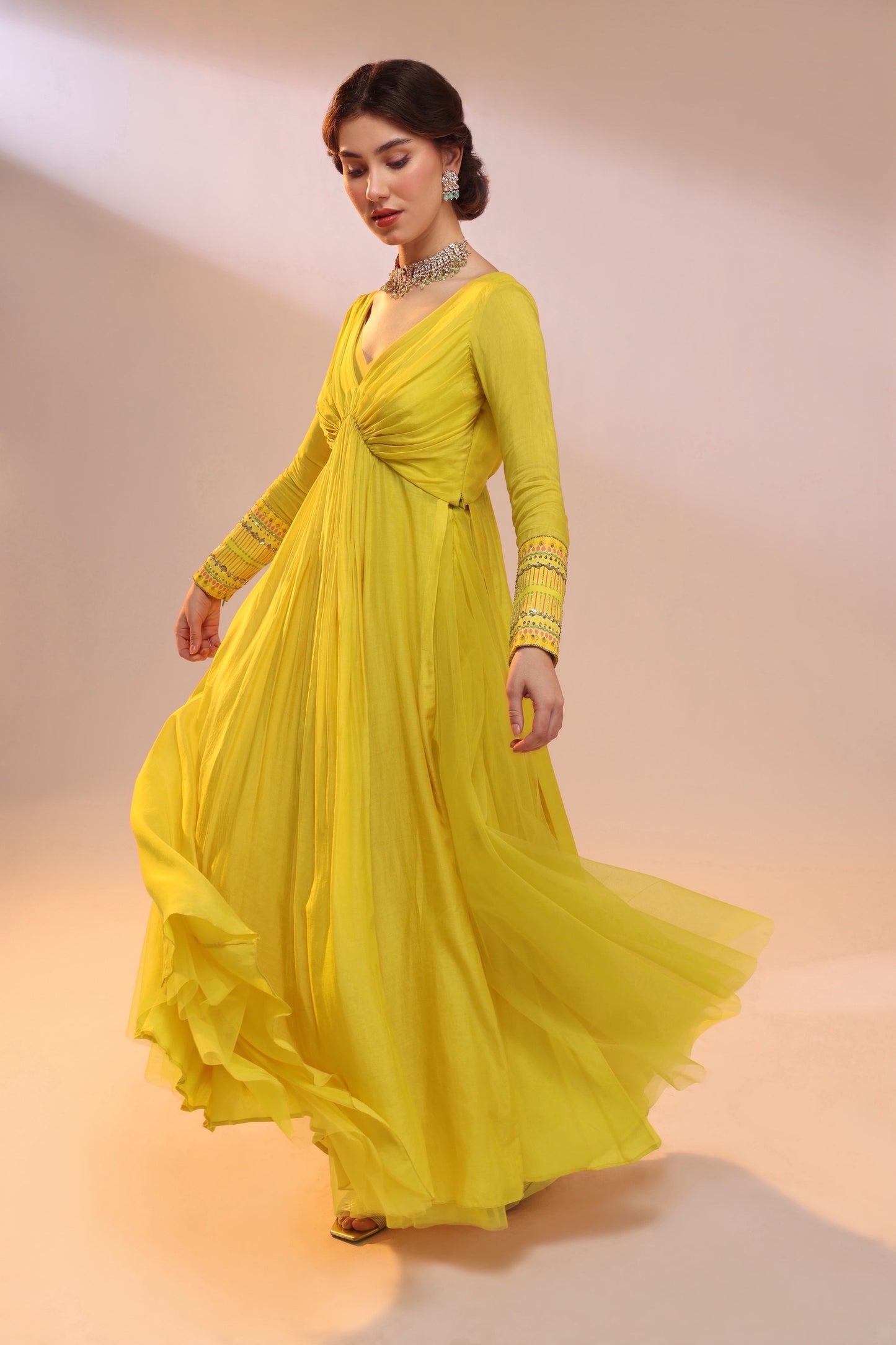 PLEATED V NECK GOWN