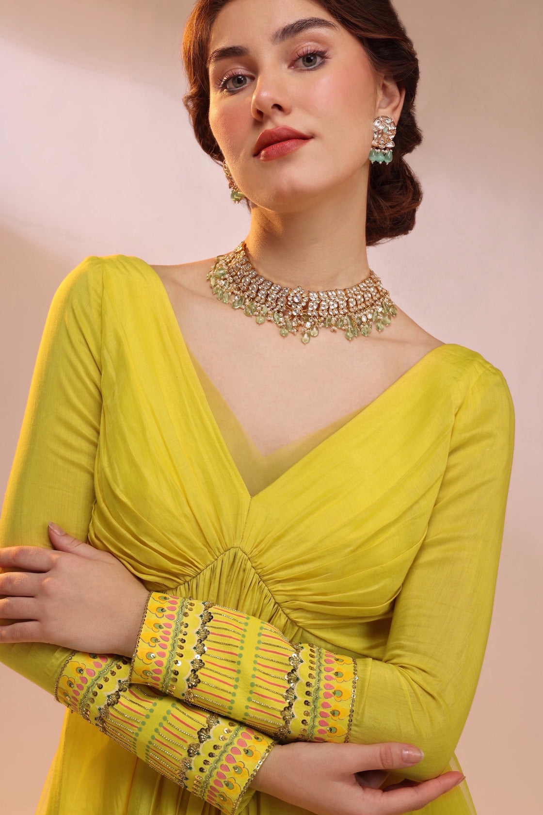 PLEATED V NECK GOWN