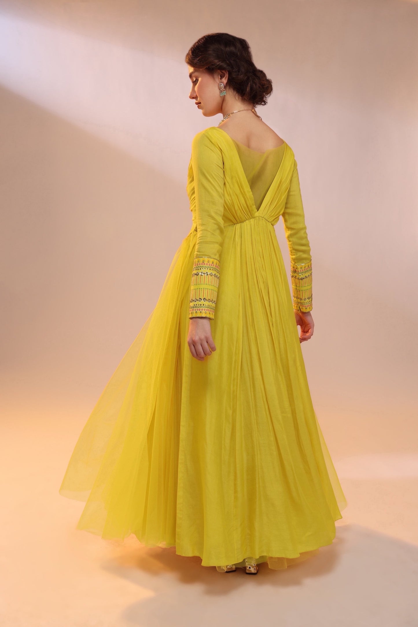 PLEATED V NECK GOWN