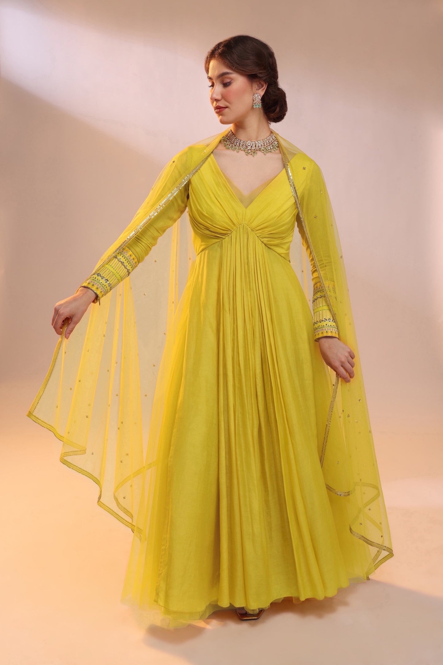 PLEATED V NECK GOWN